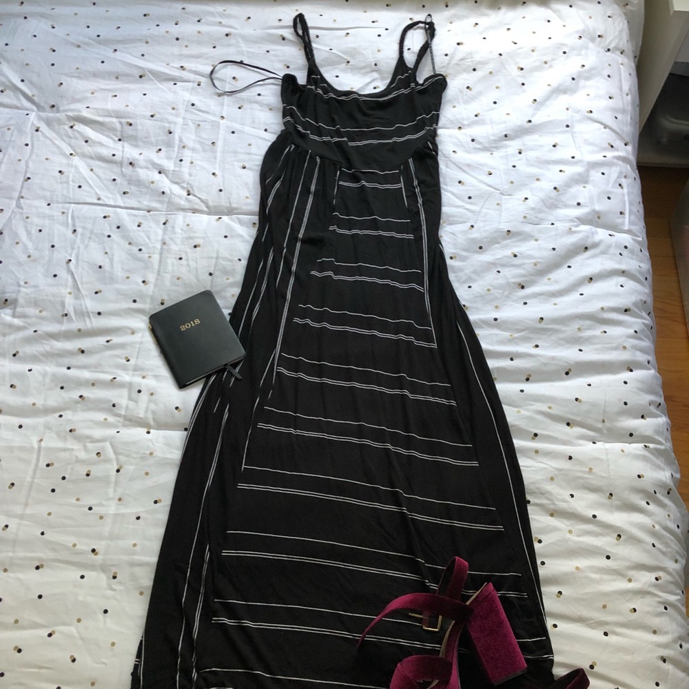 Small, black, striped, spaghetti strap maxi dress